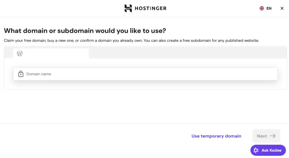 Hostinger WordPress setup screen showing domain selection and the option to use a temporary domain