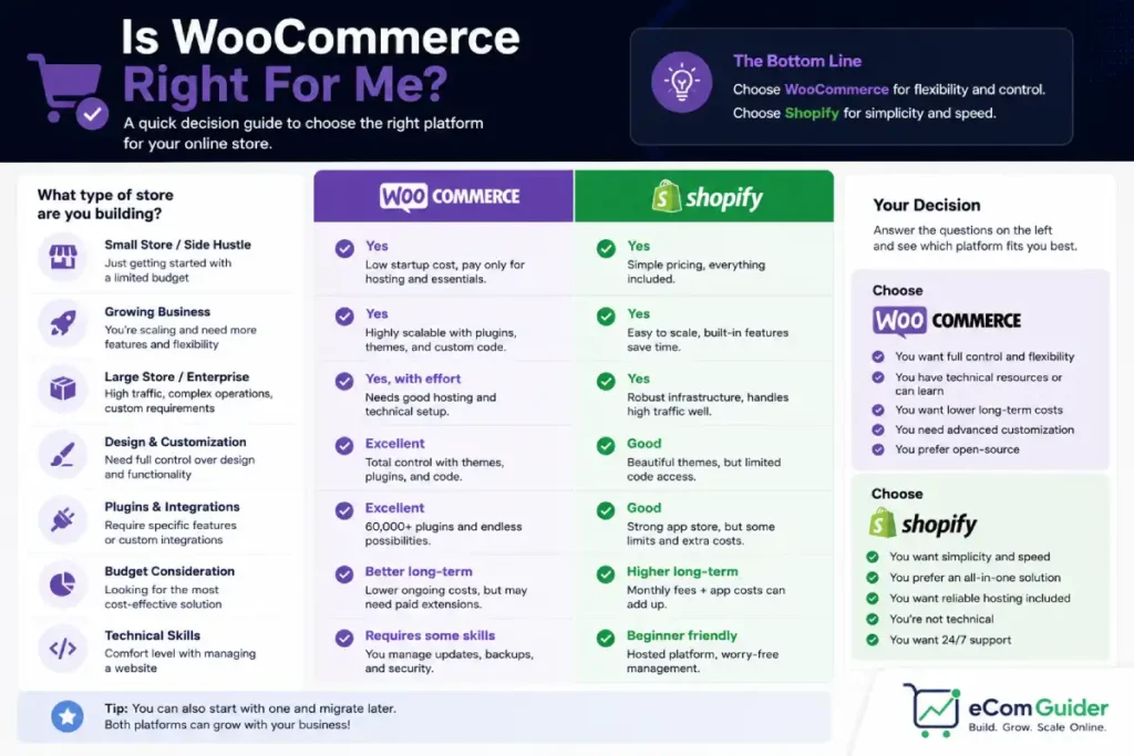 Is WooCommerce right for me decision checklist comparing WooCommerce and Shopify for different store types