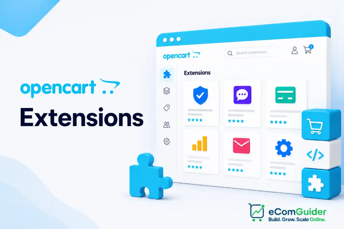 OpenCart extensions marketplace with plugin cards and extension management dashboard