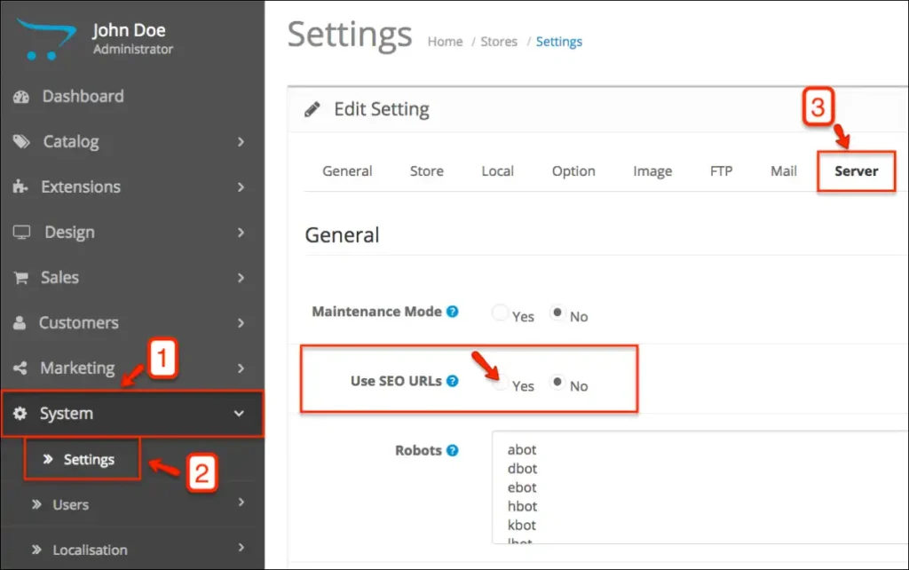 OpenCart settings page showing the SEO URL configuration option