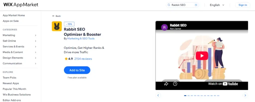 Wix App Market listing for the Rabbit SEO Optimizer & Booster app