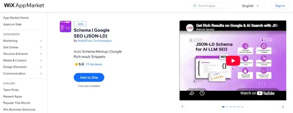 Wix App Market listing for the Schema | Google SEO (JSON-LD) app