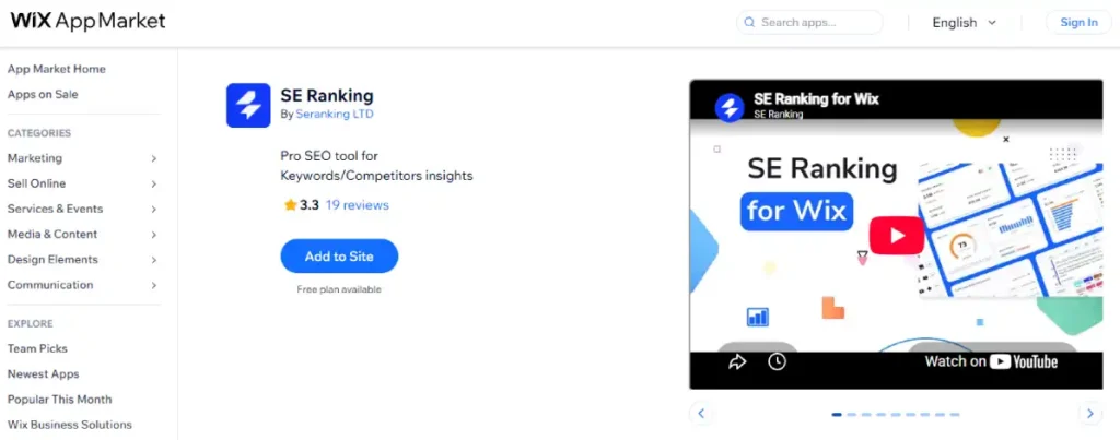 Wix App Market listing for the SE Ranking app
