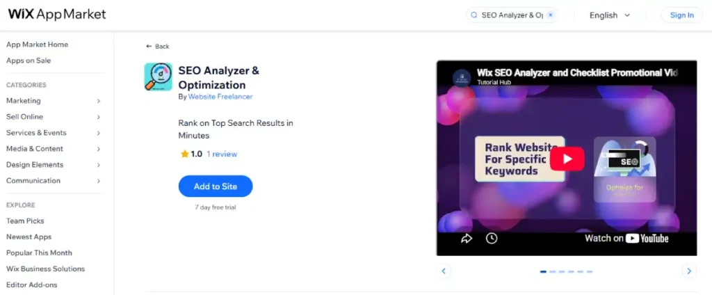 Wix App Market listing for the SEO Analyzer & Optimization app