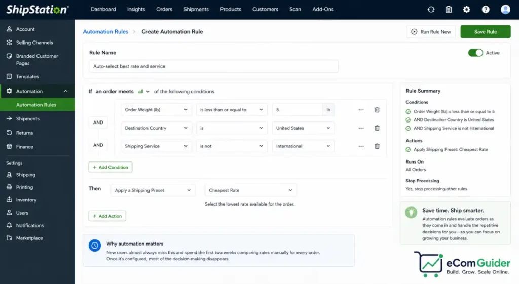 ShipStation automation rules setup screen with condition builder and automated shipping workflow