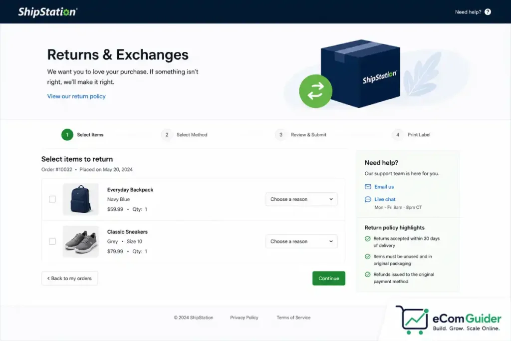 ShipStation branded returns and exchanges portal for customers