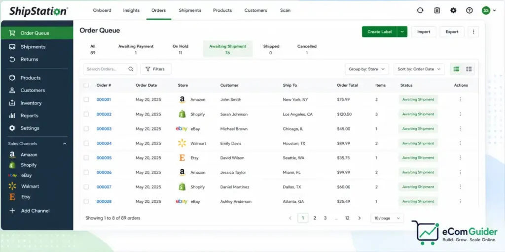 ShipStation dashboard showing multi-channel order queue and ecommerce order management interface