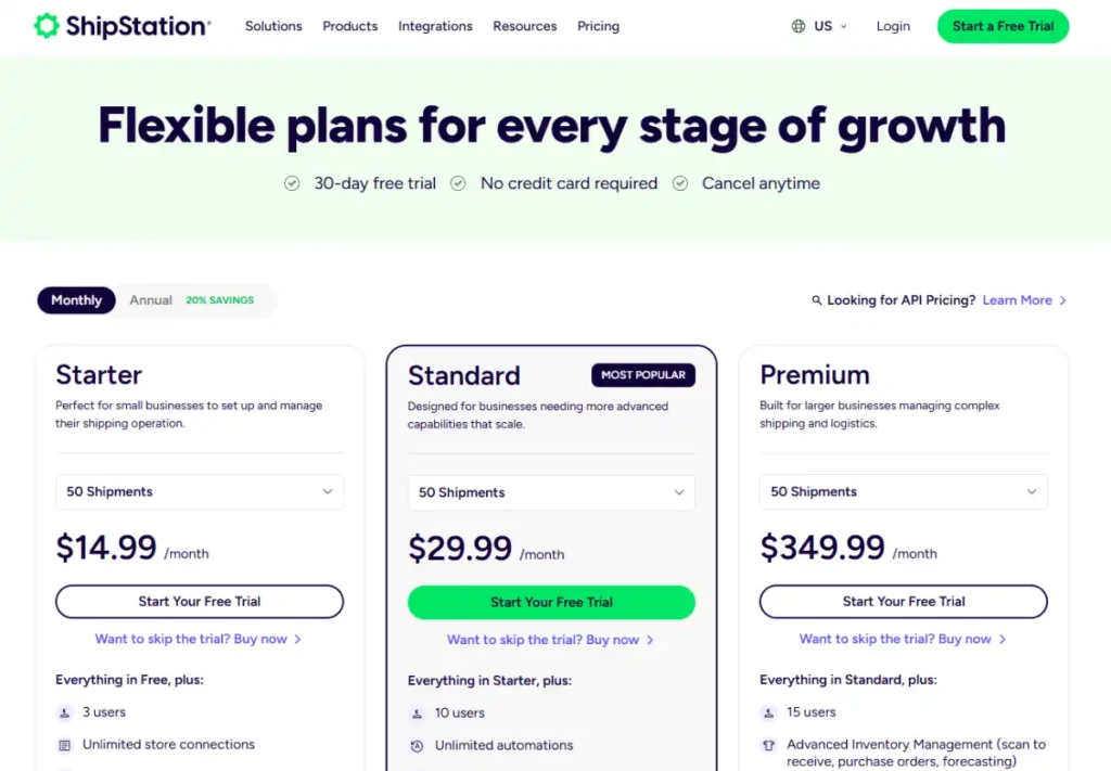 ShipStation pricing plans showing Starter, Standard, and Premium subscription options