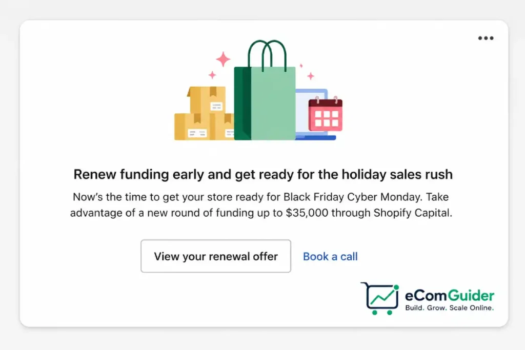 Shopify Capital funding offer dashboard showing merchant financing renewal offer