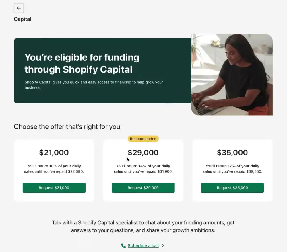 Shopify Capital welcome page showing merchant financing offer and funding dashboard