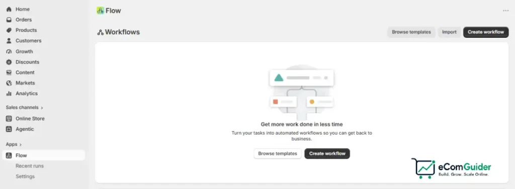 Shopify Flow automation dashboard for creating ecommerce workflows and automated tasks
