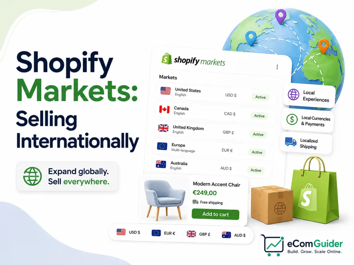 Shopify Markets dashboard for selling internationally with multiple countries, currencies, languages, and localized shopping experiences