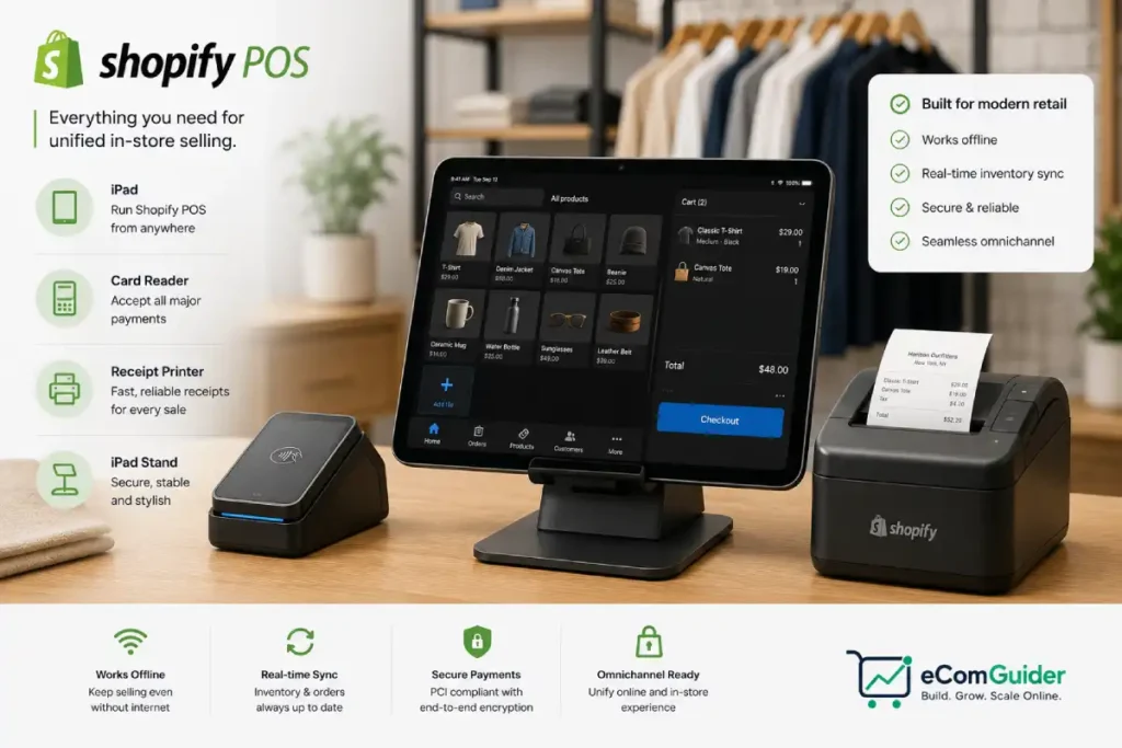 Shopify POS hardware setup with iPad, card reader, receipt printer, and iPad stand on a retail counter.