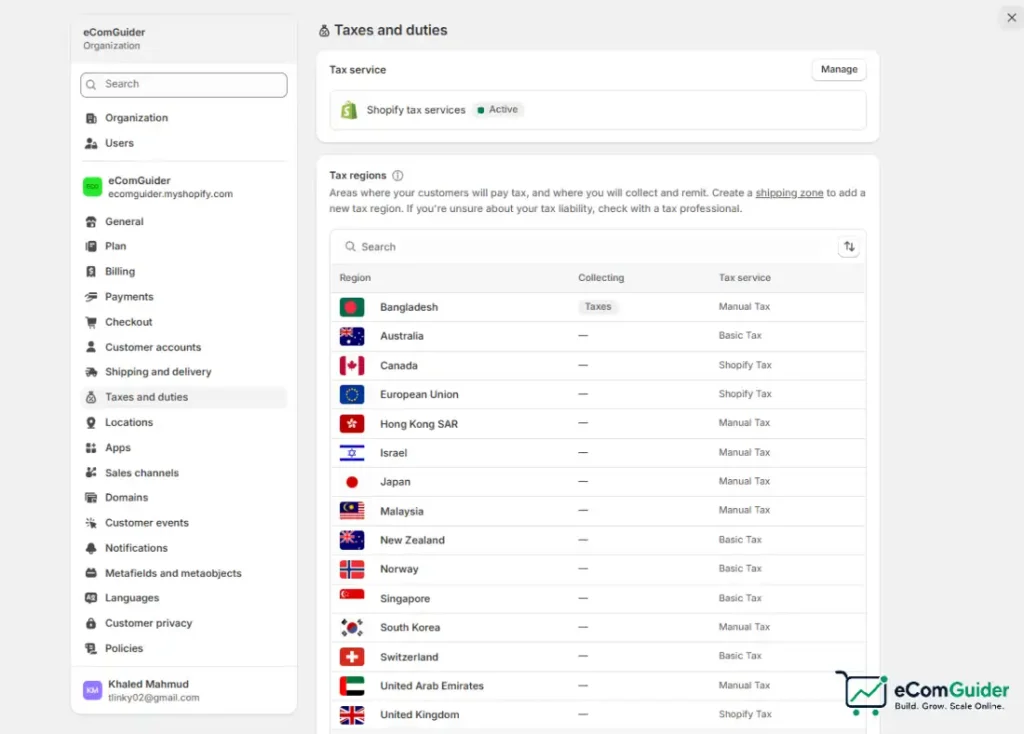 Shopify Taxes and Duties settings showing tax regions and Shopify Tax configuration