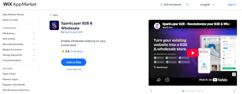 Wix App Market listing for SparkLayer B2B & Wholesale app with Add to Site button