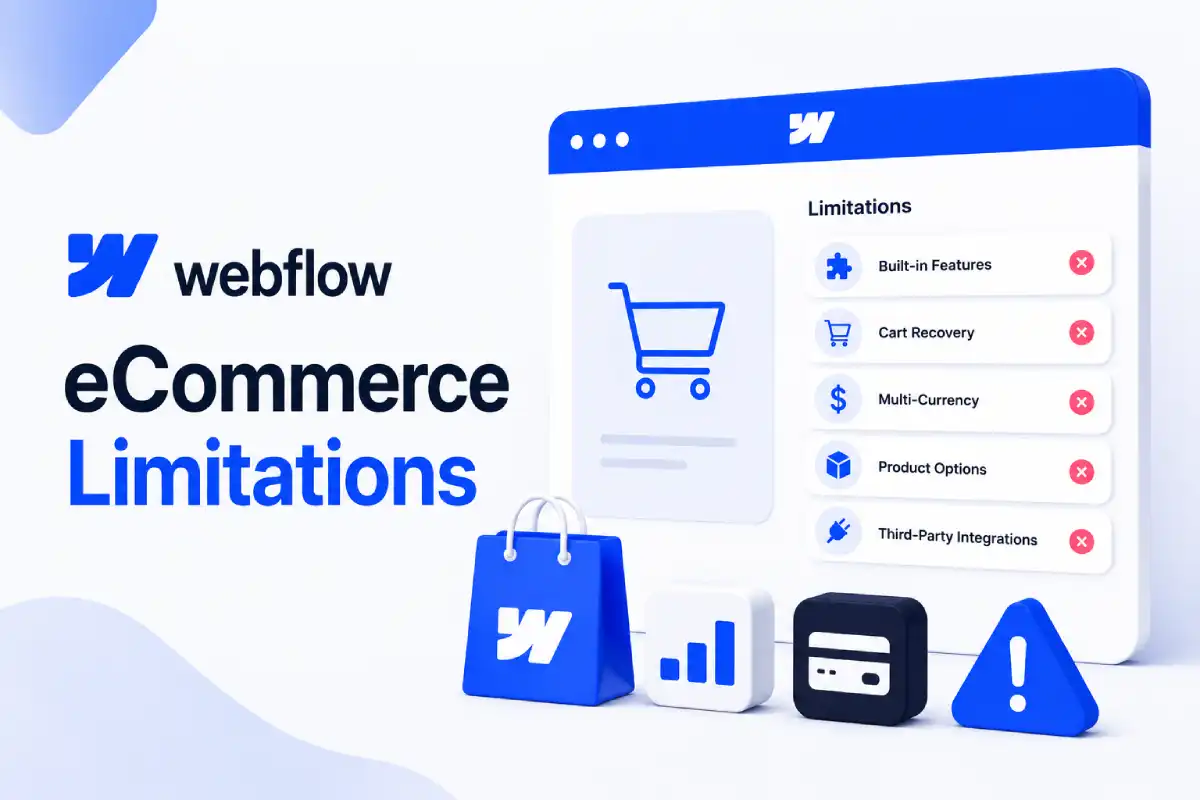 Webflow eCommerce limitations dashboard with feature restriction icons
