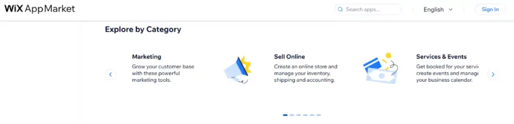 Wix App Market category browser showing Marketing, Sell Online, and Services & Events