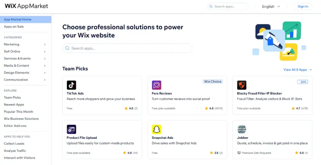 Wix App Market home page displaying featured business apps and search bar