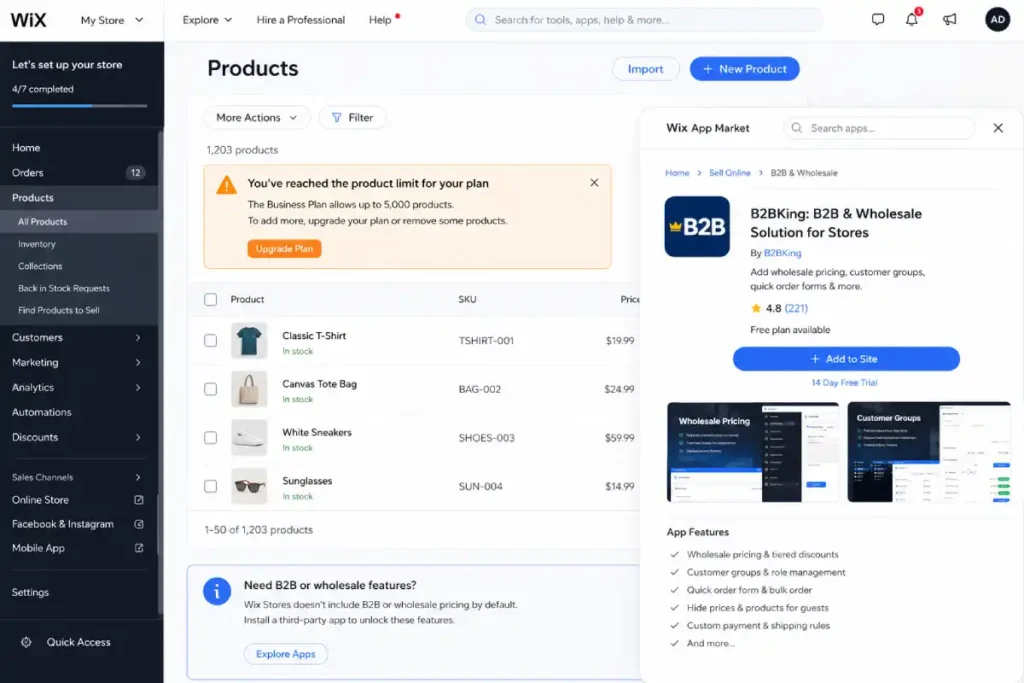 Wix Stores dashboard showing product limit warnings and third-party B2B app installation screen