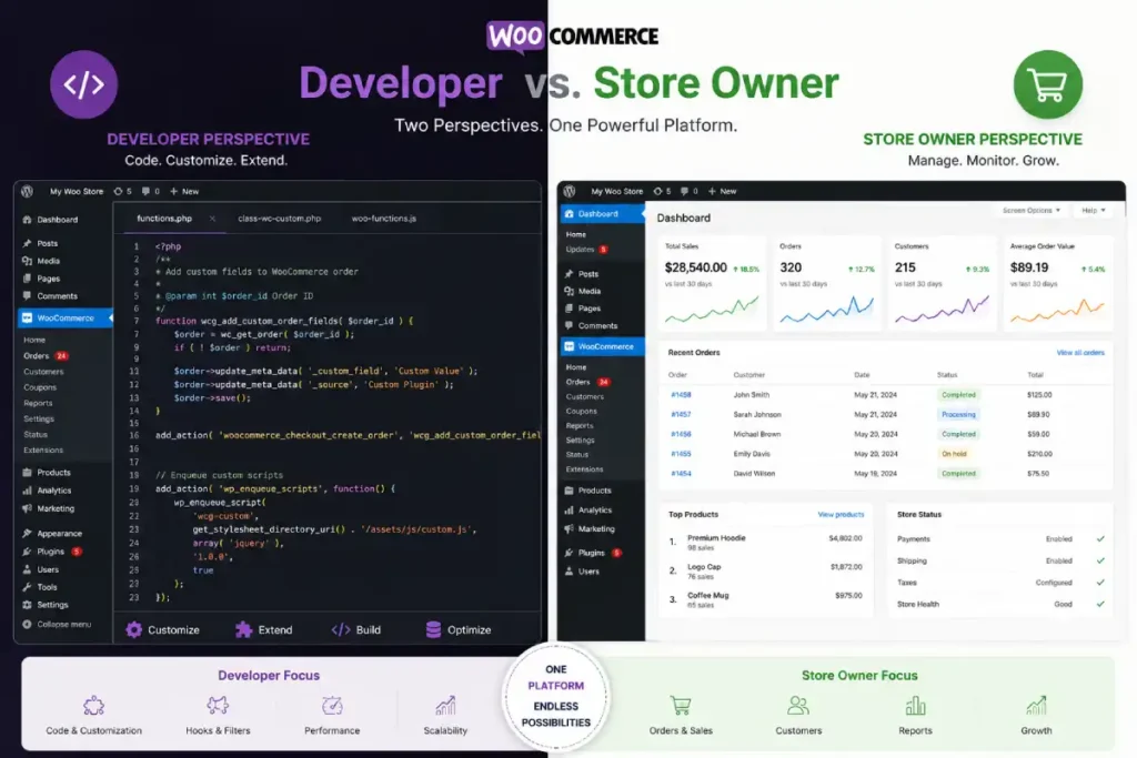 comparison of WooCommerce developer code view and store owner order dashboard.