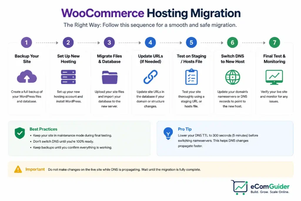 WooCommerce hosting migration diagram showing the correct sequence from backup to testing to DNS switch