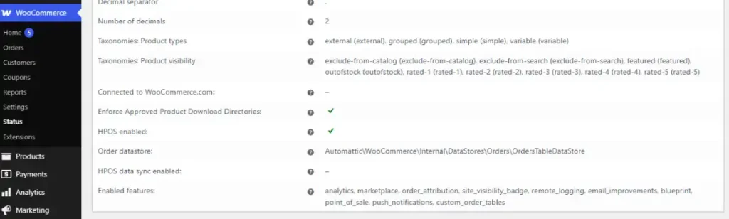 WooCommerce System Status showing High-Performance Order Storage (HPOS) enabled