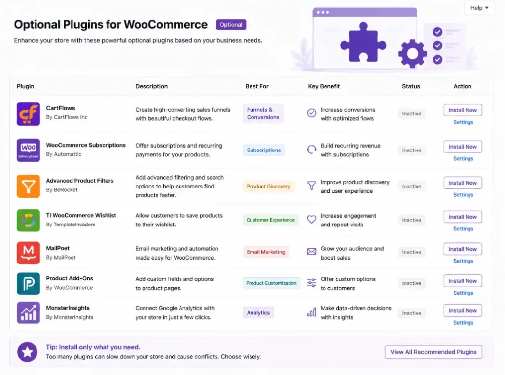 WooCommerce optional plugins dashboard showing CartFlows, subscription plugins, product filters, and other optional extensions.