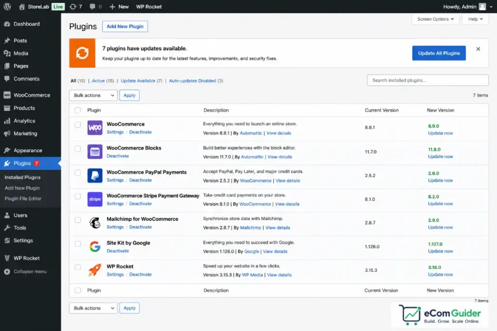 WooCommerce admin showing plugin update notifications with 7 plugins requiring updates