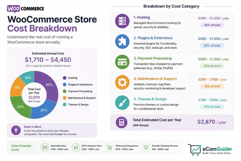 WooCommerce annual cost breakdown showing hosting, plugins, payment processing, maintenance, and other business expenses.