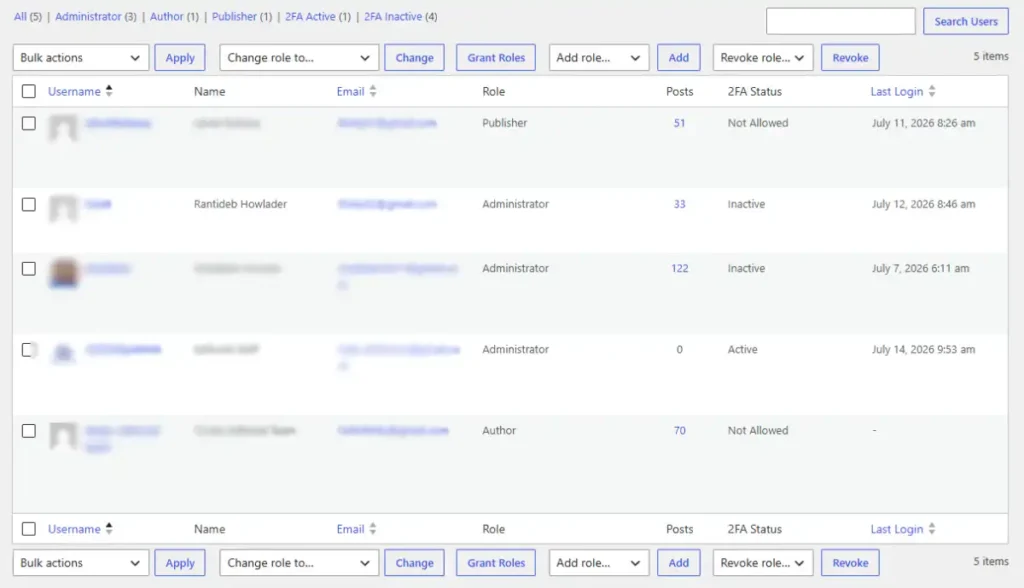 WordPress admin users list filtered by Administrator role.