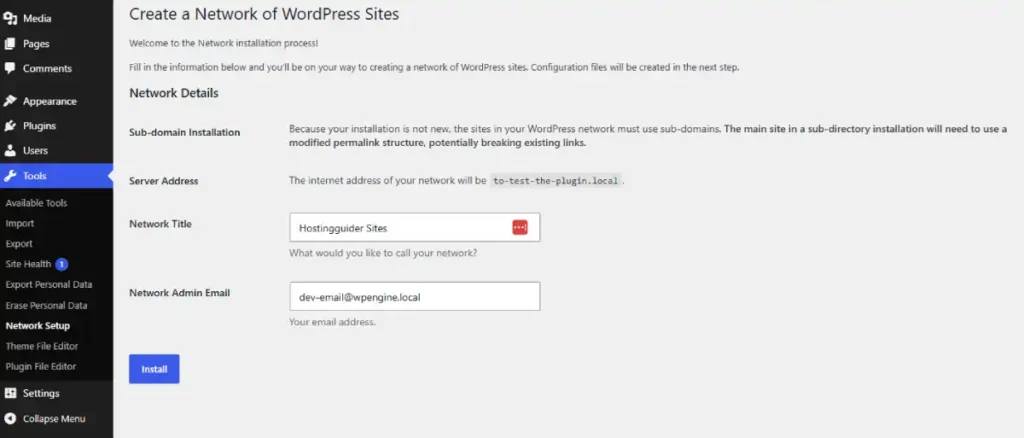 WordPress Create a Network of WordPress Sites screen with network title and admin email configuration