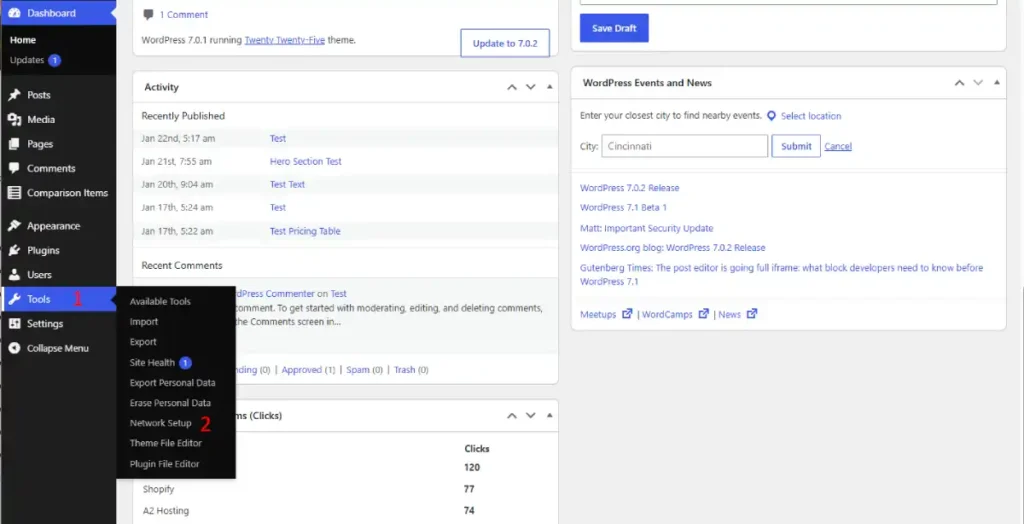 WordPress Tools menu showing Network Setup option in multisite dashboard