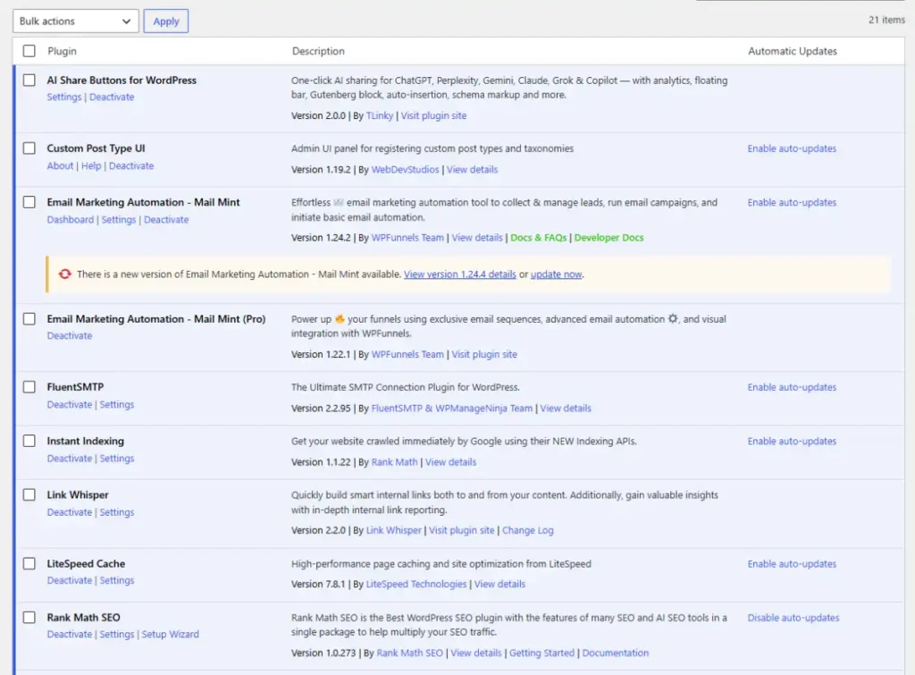 WordPress Plugins page showing installed plugins and active plugin management